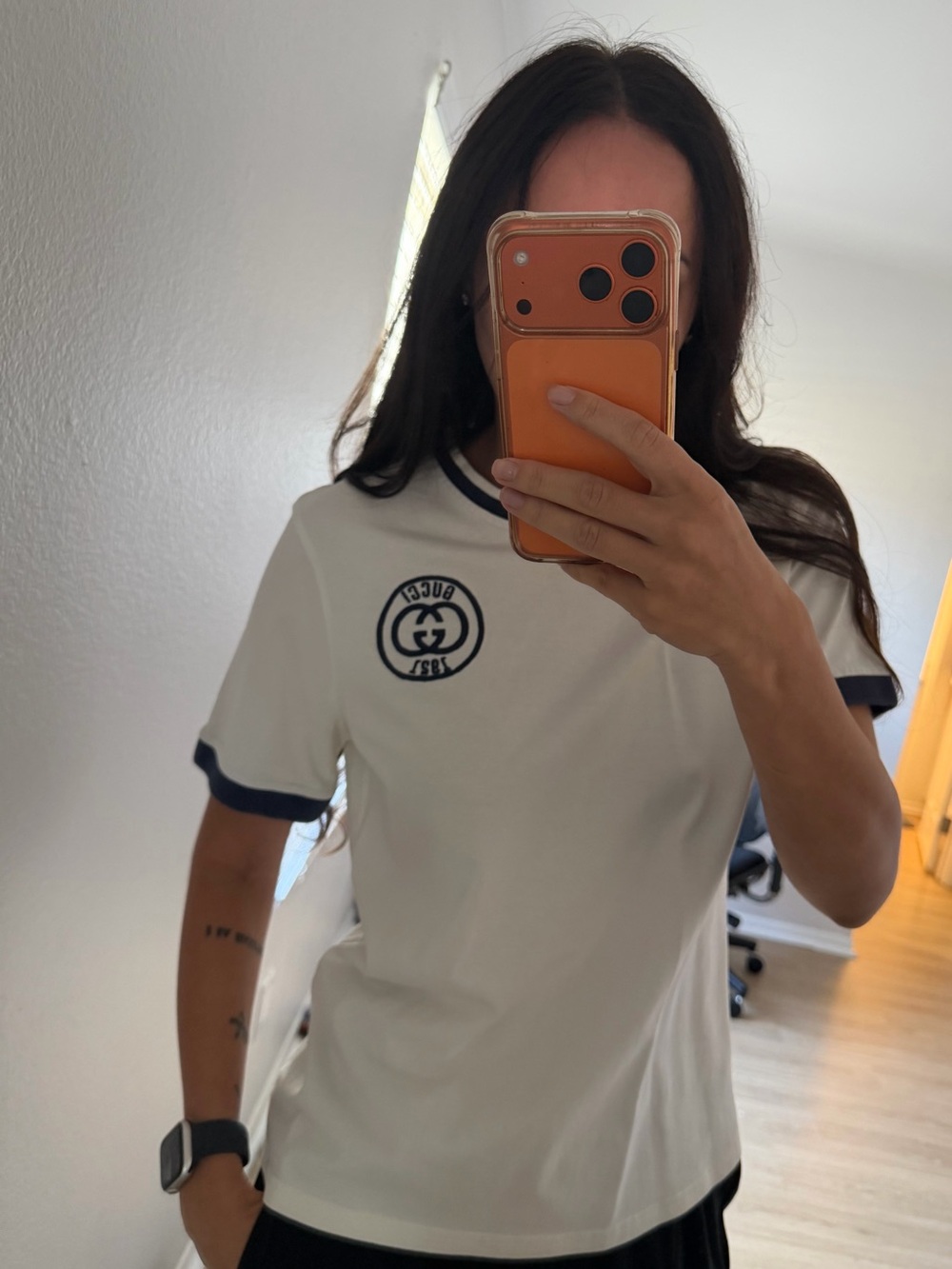 Gucci White Short-Sleeve Ringer Tee with Navy Trim